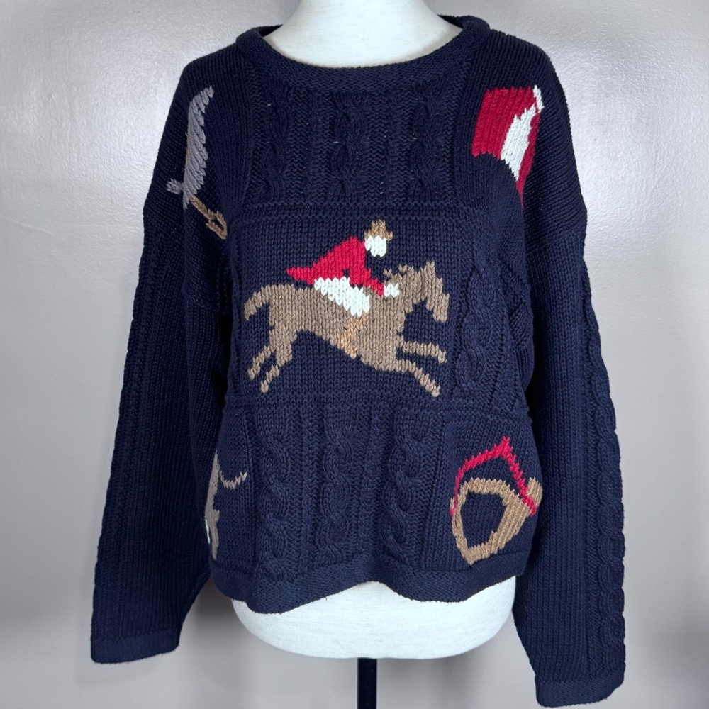 Robert Scott Blue Instarsia Equestrian Horse Vintage 1990s Cropped Sweater Sz L
